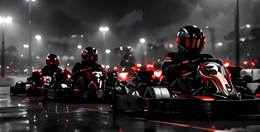 Karts on a wet track at night